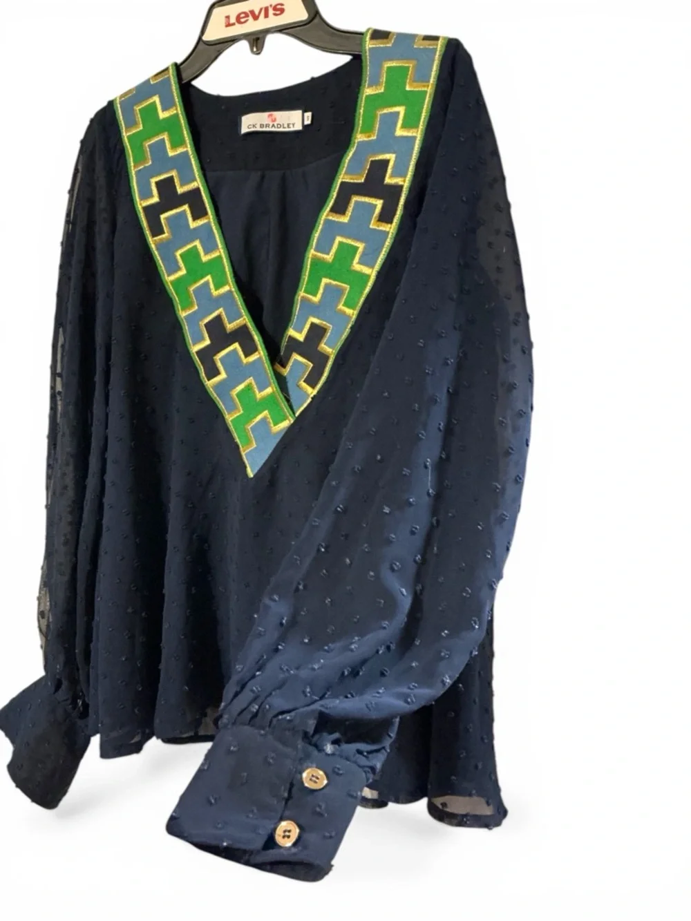 C.K. Bradley Navy Blouse with Green & Blue V-Neck Trim Womens Small Boho - Picture 5 of 6